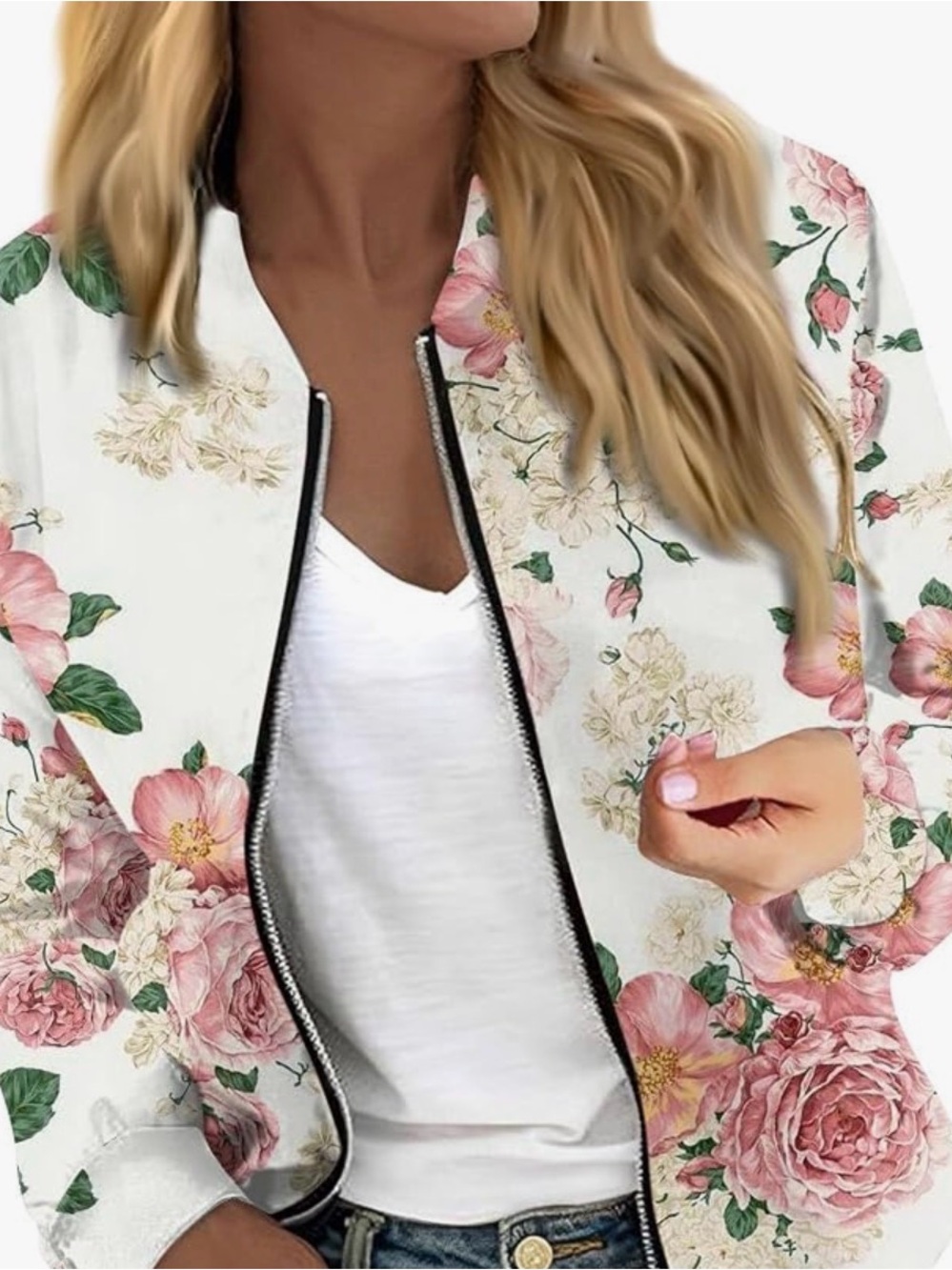 Floral Zip-Front Bomber Jacket - White/Pink